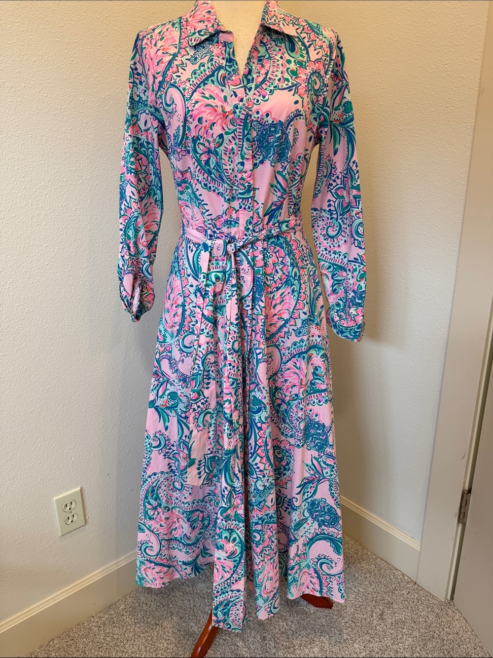 Lilly Pulitzer Pink and Teal Paisley Maxi Shirt Dress with Tie Waist
